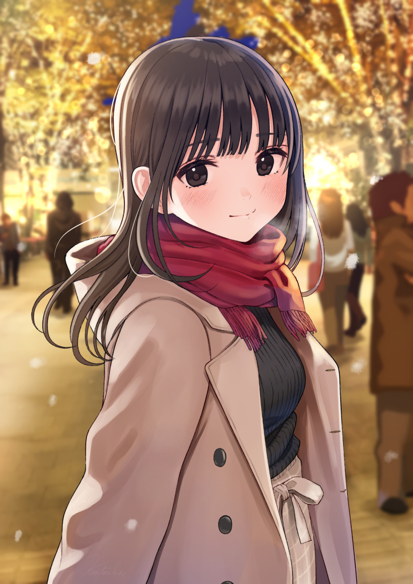 3boys 3girls absurdres bad_id bad_pixiv_id black_eyes black_hair black_sweater blurry blurry_background blush breasts breath brown_coat brown_skirt christmas closed_mouth coat commentary_request depth_of_field fringe_trim highres hood hood_down hooded_coat kentaurosu long_hair matsuno_chiya multiple_boys multiple_girls open_clothes open_coat original outdoors red_scarf ribbed_sweater scarf skirt small_breasts smile solo_focus sweater