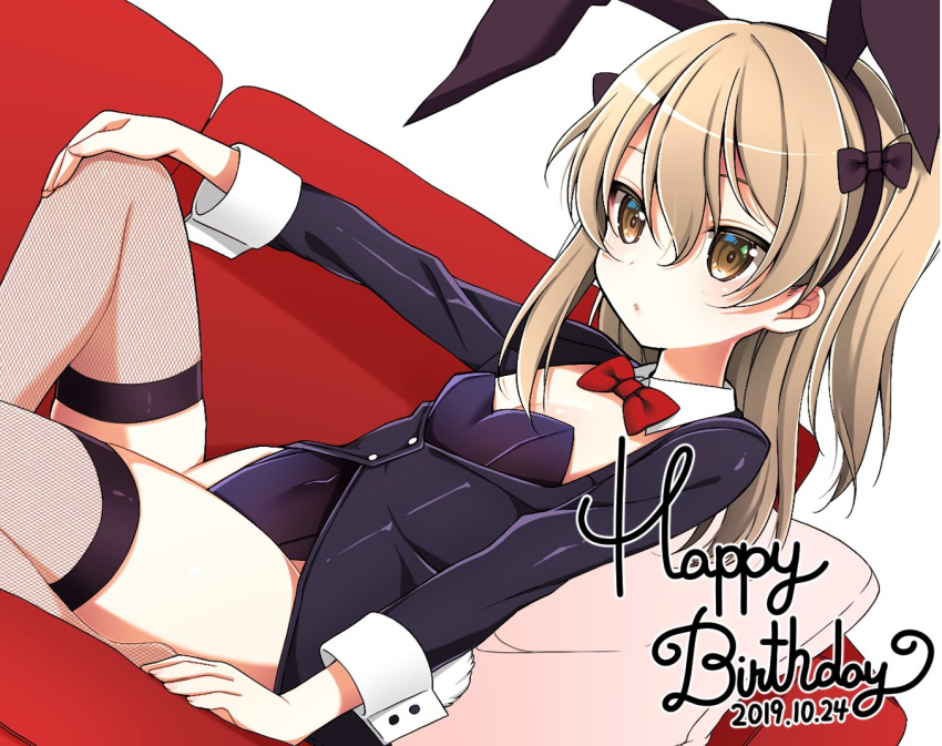 black_jacket black_leotard black_ribbon black_thighhighs bow bowtie brown_eyes closed_mouth collar commentary couch cursive dated detached_collar dutch_angle english_text female fishnet_thighhighs fishnets girls_und_panzer hair_ribbon hand_on_own_knee happy_birthday highleg highleg_leotard jacket knee_up leaning_back leotard light_brown_hair long_hair long_sleeves looking_at_viewer on_couch one_side_up pillow red_bow red_bowtie ribbon ruruepa shimada_arisu simple_background sitting solo thighhighs white_background white_collar wing_collar