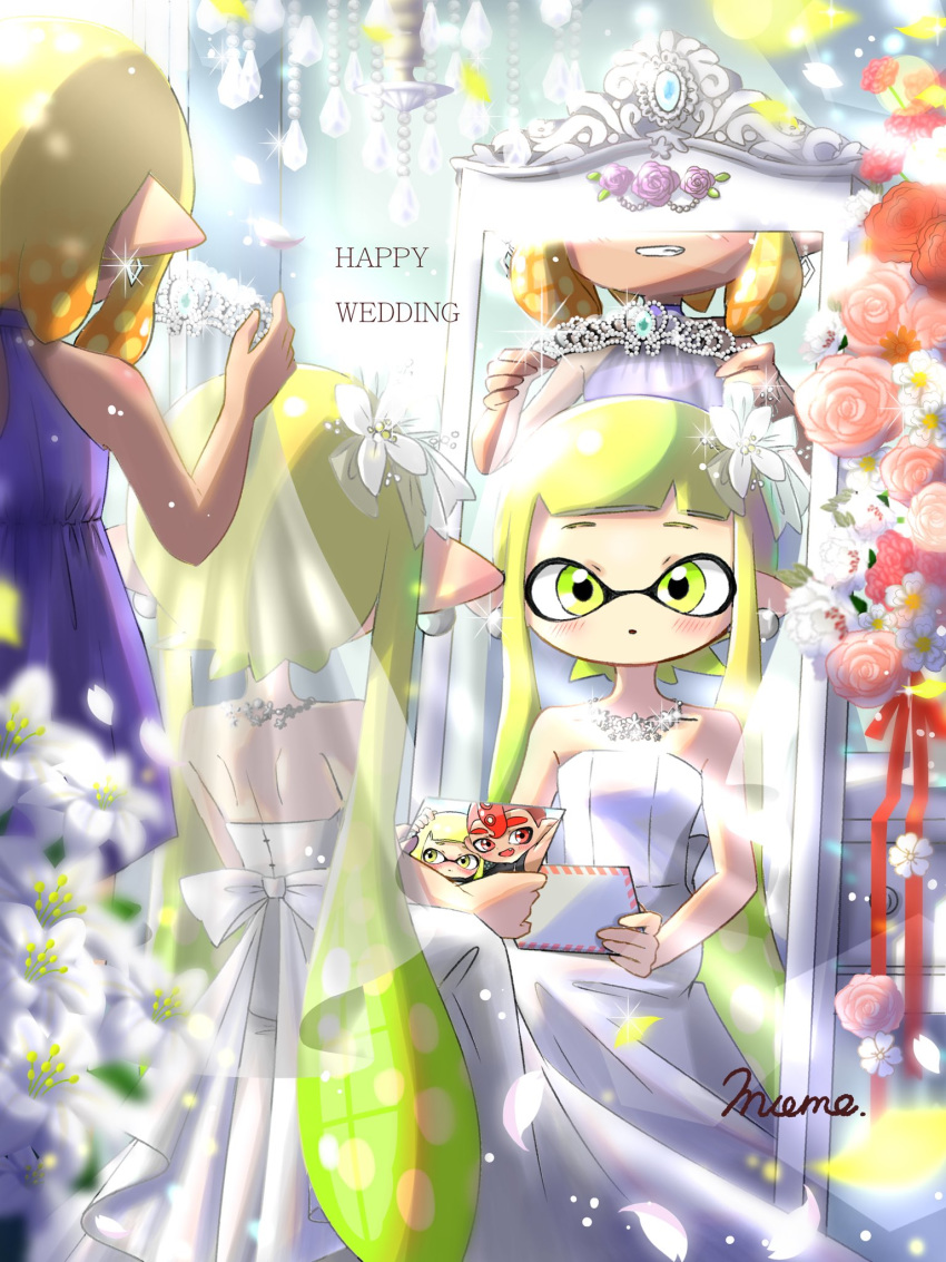 2girls artist_name blunt_bangs blurry blurry_foreground bridal_veil bride commentary depth_of_field dress earrings english_text flower grin hair_flower hair_ornament halterneck highres holding holding_photo inkling inkling_girl inkling_player_character jewelry light_blush long_dress long_hair looking_at_viewer mirror mokokoiro multiple_girls necklace octoling octoling_player_character orange_hair parted_lips petals photo_(object) pointy_ears purple_dress red_ribbon ribbon short_hair signature sitting smile sparkle splatoon_(series) standing strapless strapless_dress tan tentacle_hair tiara veil wedding_dress white_dress white_flower