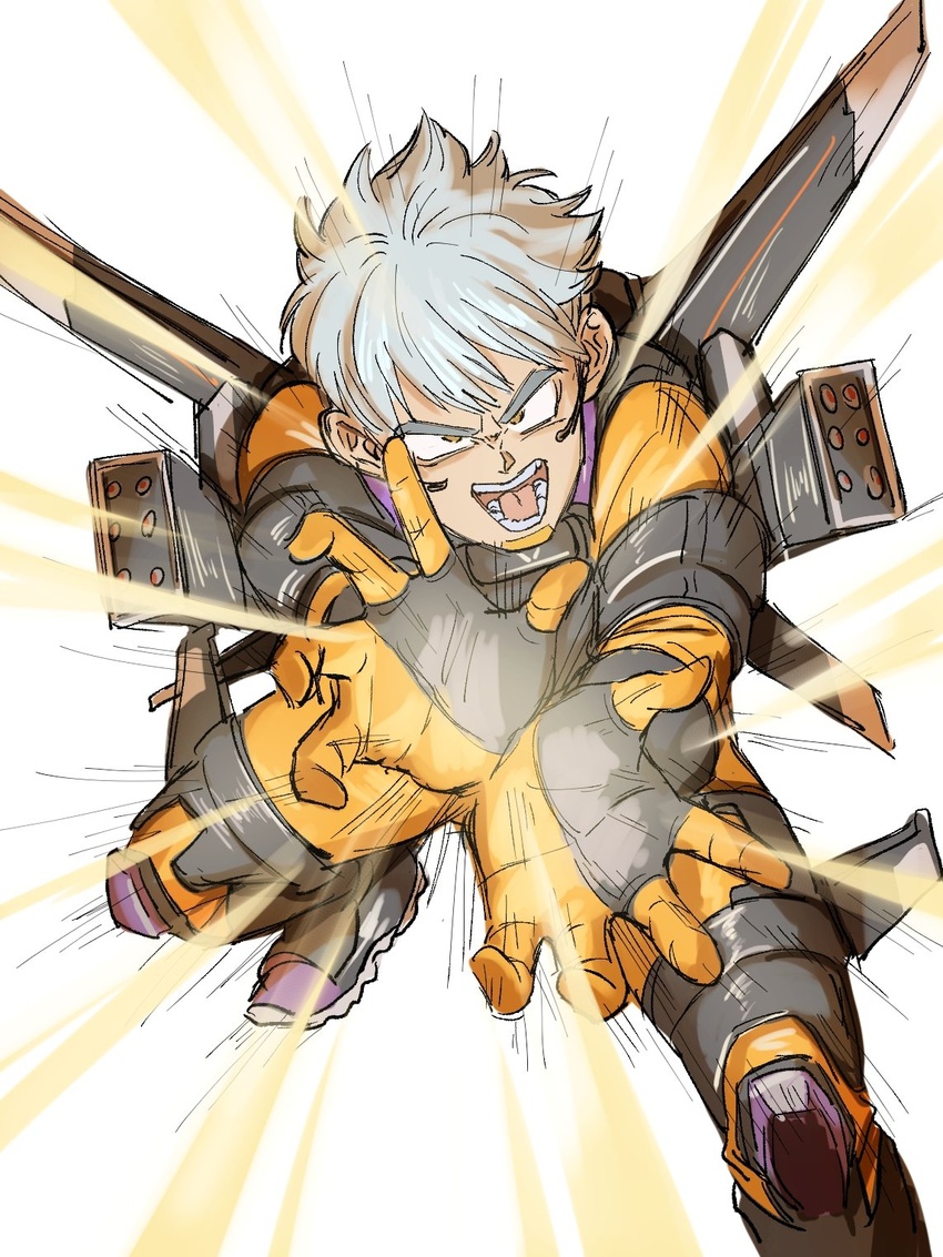 animification apex_legends bodysuit commentary_request dragon_ball dragon_ball_z female floating_hair grey_eyes grey_hair headset highres kamehameha_(dragon_ball) kogane_mushi looking_at_viewer missile_pod open_mouth parody short_hair solo style_parody toriyama_akira_(style) v-shaped_eyebrows valkyrie_(apex_legends) wings yellow_bodysuit