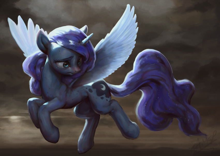 2019 alicorn assasinmonkey cloud cutie_mark digital_media_(artwork) digital_painting_(artwork) equid equine eyelashes feathered_wings feathers female feral flying friendship_is_magic hair hasbro hooves horn mammal my_little_pony mythological_creature mythological_equine mythology princess_luna_(mlp) sky solo unicorn_horn wings