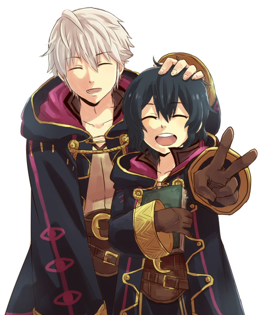 1boy ^_^ belt belt_buckle book buckle closed_eyes commentary_request father_and_daughter female fire_emblem fire_emblem_awakening fire_emblem_heroes gloves hand_on_another's_head hand_on_head highres hood hood_down kometubu0712 lolicon long_sleeves morgan_(female)_(fire_emblem) morgan_(fire_emblem) robe robin_(fire_emblem) robin_(male)_(fire_emblem) short_hair smile v white_background white_hair