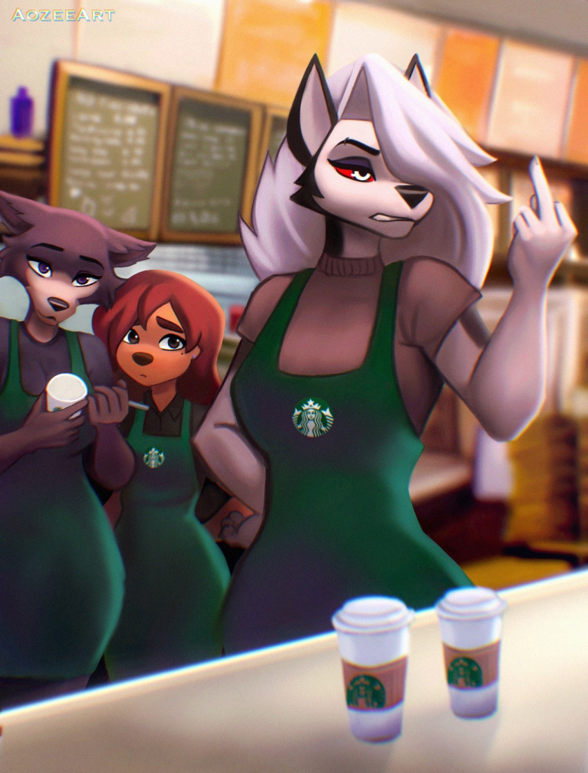 2023 2d angry anthro aozee artist_name beastars black_nose black_pupils brown_eyes brown_nose canine canine_humanoid clothed clothed_female coffee crossover cup demon demon_girl digital_media_(artwork) disney eyebrow_piercing eyebrows female female_only furry furry_female furry_only goof_troop hair hair_over_one_eye hand_on_hip hellhound helluva_boss iced_latte_with_breast_milk inside juno_(beastars) loona_(helluva_boss) mammal mammal_humanoid middle_finger mole mole_under_eye piercing purple_eyes red_sclera restaurant roxanne_(goof_troop) sapsavana starbucks starbucks_uniform tagme trio white_eyes white_hair wolf wolf_humanoid