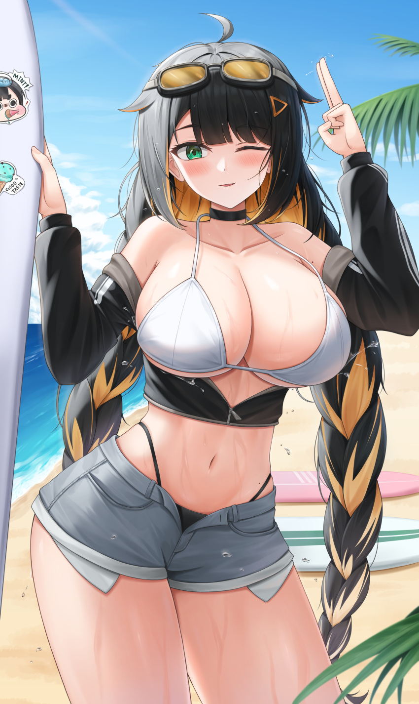 beach bikini black_bikini black_choker black_hair black_jacket blonde_hair blue_sky blunt_bangs blush braid breasts choker cleavage collarbone colored_inner_hair day denim denim_shorts double_vertical_stripe female green_eyes gwyn_(trickcal) highleg highleg_bikini highres horizon jacket large_breasts lazb. long_hair looking_at_viewer mismatched_bikini multicolored_hair navel ocean one_eye_closed outdoors palm_tree short_shorts shorts sky smile surfboard swimsuit thighs tree trickcal twin_braids twintails two-tone_hair unzipped wet white_bikini