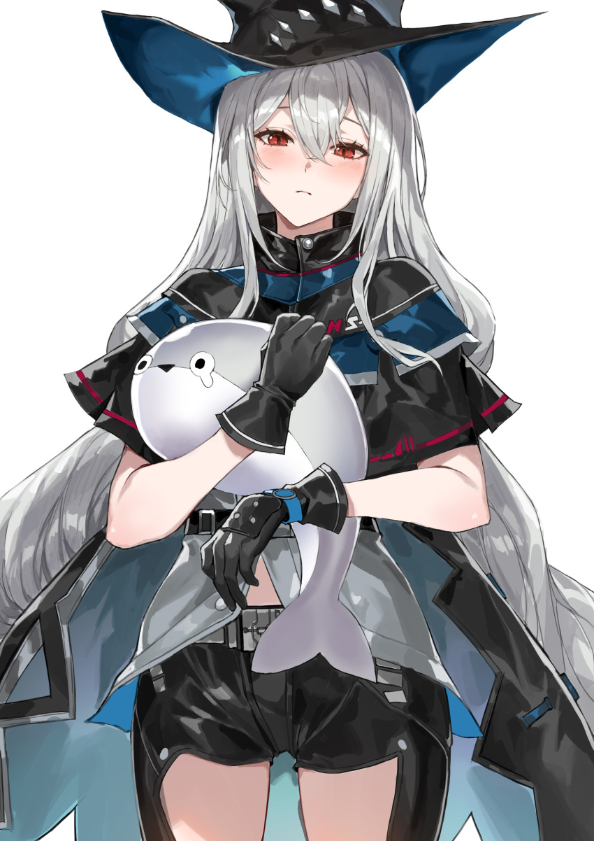 absurdres arknights belt black_capelet black_gloves black_hat black_pants capelet commentary cowboy_shot female gloves grey_belt grey_hair grey_shirt hat highres holding holding_stuffed_toy long_hair molyb pants red_eyes shirt simple_background skadi_(arknights) solo stuffed_orca stuffed_toy white_background