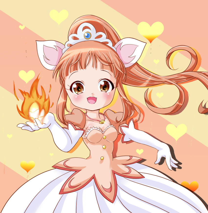 animal_ears blue_gemstone blunt_bangs blush breasts brown_eyes buttons cleavage collarbone commentary cowboy_shot dot_nose dress elbow_gloves female fire fireball fushigiboshi_no_futago_hime gem gloves gown hand_up heart heart_background high_ponytail highres holding jewelry leonne_(futagohime) lion_ears lion_girl long_hair looking_at_viewer necklace oerba_yun_fang open_mouth orange_background orange_hair ponytail puffy_short_sleeves puffy_sleeves shell shell_necklace short_sleeves small_breasts smile solo striped_background tiara two-tone_dress white_gloves white_tiara yoppi98ro