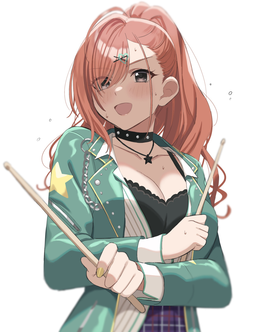 0-toki absurdres ahoge arisugawa_natsuha black_bra black_choker black_eyes blurry blush bra breasts chains choker cleavage collarbone depth_of_field drumsticks female flying_sweatdrops green_jacket hair_ornament hairclip heart heart_hair_ornament highres holding holding_drumsticks idolmaster idolmaster_shiny_colors jacket jewelry large_breasts long_hair long_sleeves looking_at_viewer nail_polish necklace open_clothes open_jacket open_mouth plaid_clothes plaid_skirt print_jacket purple_skirt red_hair shirt simple_background skirt smile solo star_(symbol) star_necklace star_print underwear upper_body v-shaped_eyebrows white_background white_shirt yellow_nails