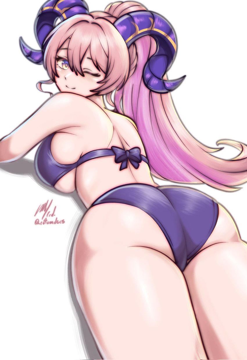 ;) ass bikini breasts closed_mouth female fire_emblem fire_emblem_heroes from_behind goat_horns gradient_eyes hair_between_eyes high_ponytail highres horns large_breasts large_horns long_hair looking_at_viewer looking_back lying multicolored_eyes nerthuz_(fire_emblem) on_stomach one_eye_closed pink_hair ponytail purple_bikini purple_eyes purple_horns rotomdocs signature smile solo swimsuit twitter_username white_background yellow_eyes