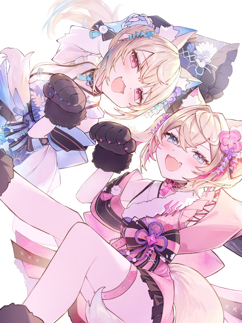 2girls absurdres animal_ear_fluff animal_ears animal_hands blonde_hair blue_eyes blue_hair blue_kimono breasts dog_ears dog_girl dog_paws dog_tail floral_print floral_print_kimono flower fuwawa_abyssgard fuwawa_abyssgard_(new_year) hair_flower hair_ornament highres hinatan_(hinatan_krnk) hololive hololive_english japanese_clothes kimono large_breasts long_hair looking_at_viewer mococo_abyssgard mococo_abyssgard_(new_year) multicolored_hair multiple_girls official_alternate_costume open_mouth pink_eyes pink_hair pink_kimono short_hair siblings sisters sleeveless sleeveless_kimono small_breasts smile streaked_hair tail twins virtual_youtuber