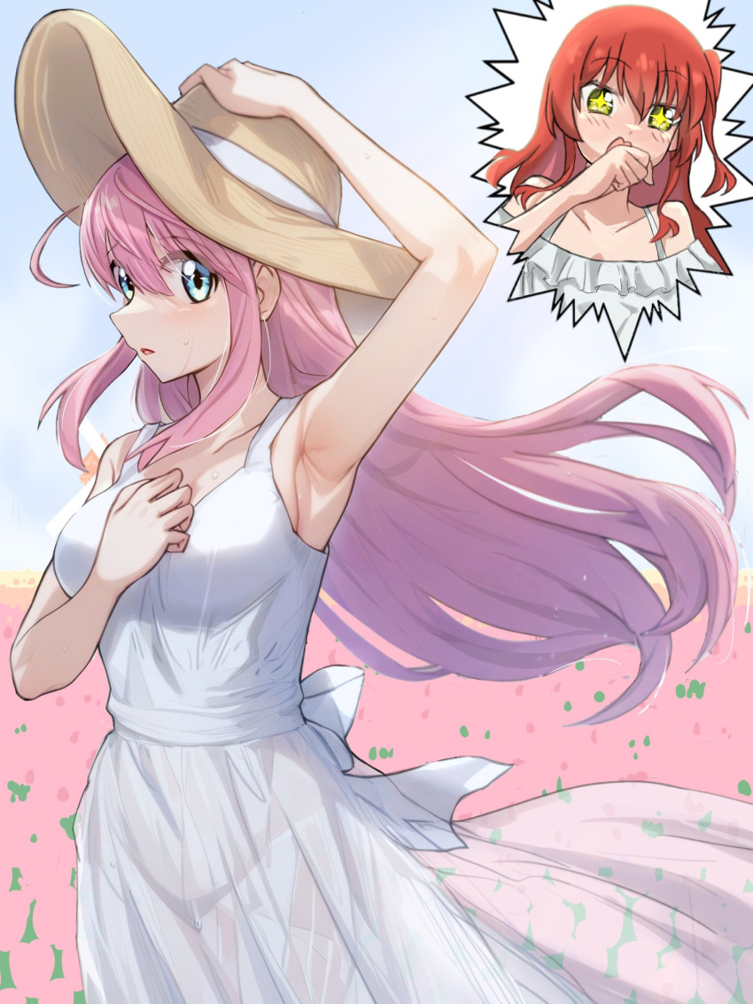 2girls armpits blue_hair bocchi_the_rock! breasts dress gotoh_hitori hat highres inset kita_ikuyo large_breasts long_hair multiple_girls outdoors pink_hair red_hair ryuhirohumi sideboob sparkling_eyes sun_hat white_dress yellow_eyes yuri