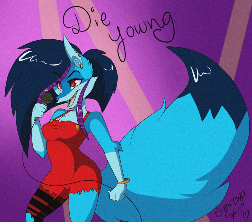 anthro blue_body blue_fur blue_hair blue_tail canid clothed clothing dipstick_tail ear_piercing electronics female fur hair holding_microphone holding_object jayjay_(zoophobia) long_hair mammal markings microphone milk-jug open_mouth piercing red_clothing red_eyes red_topwear simple_background singing solo standing tail tail_markings topwear zoophobia