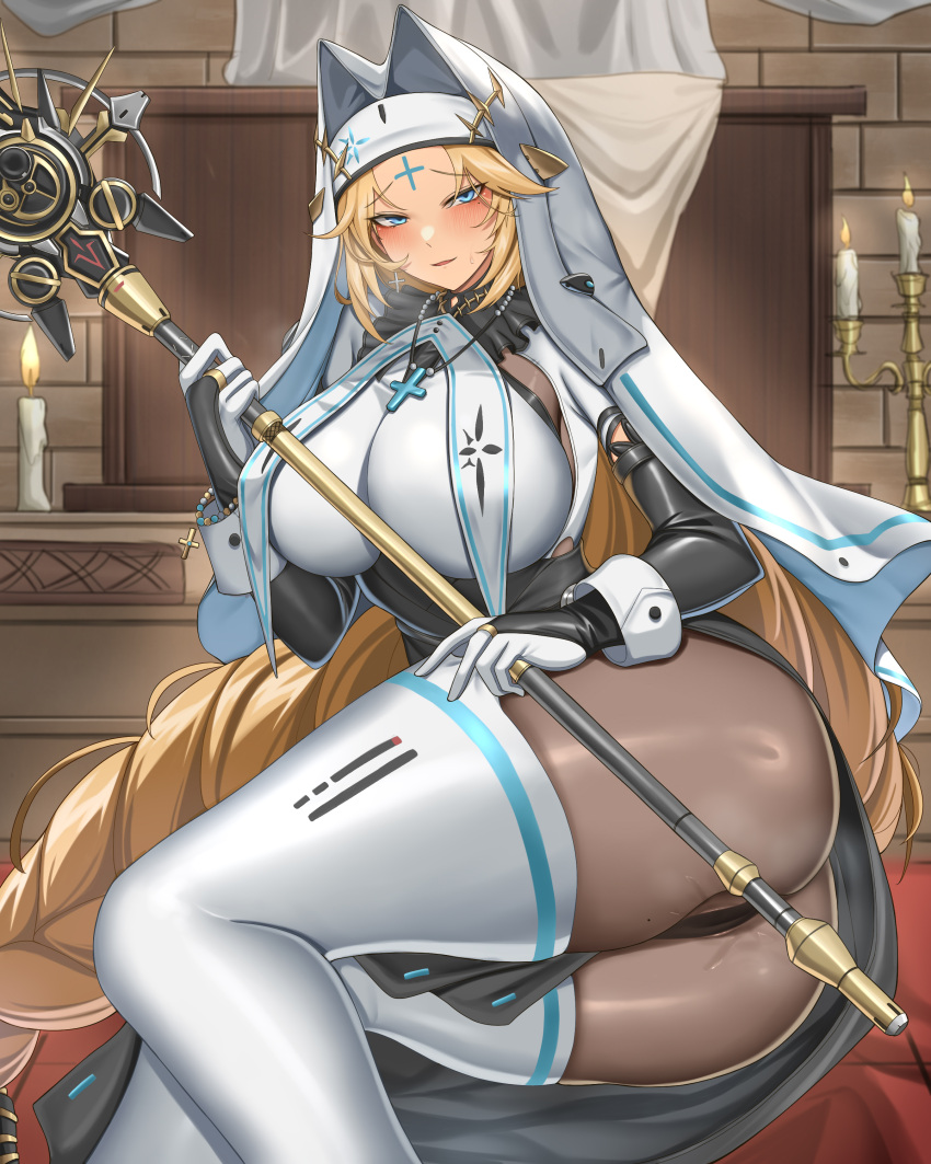 absurdres armored_bodysuit ass black_pantyhose blonde_hair blue_eyes blush boots breasts cleavage cloak cross cross_bracelet cross_facial_mark cross_necklace cross_tattoo facial_mark female gloves goddess_of_victory:_nikke habit highres holding holding_staff jewelry large_breasts long_braid long_hair looking_at_viewer necklace nun pantyhose rapunzel_(nikke) solo staff tattoo thigh_boots thighhighs very_long_hair white_cloak yijie_xianyu