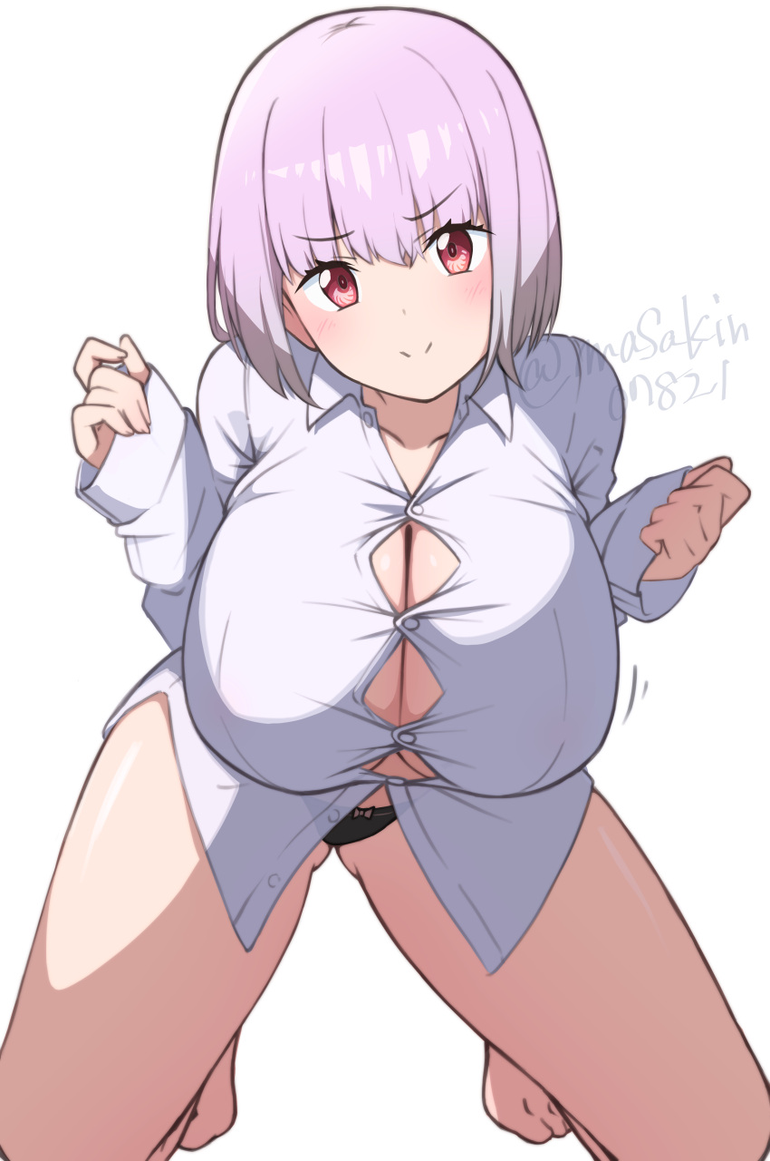 absurdres black_panties blush breasts female gridman_universe highres huge_breasts kneeling long_sleeves looking_at_viewer masakin panties purple_hair red_eyes shinjou_akane shirt short_hair simple_background smile solo ssss.gridman thighs underwear white_background white_shirt