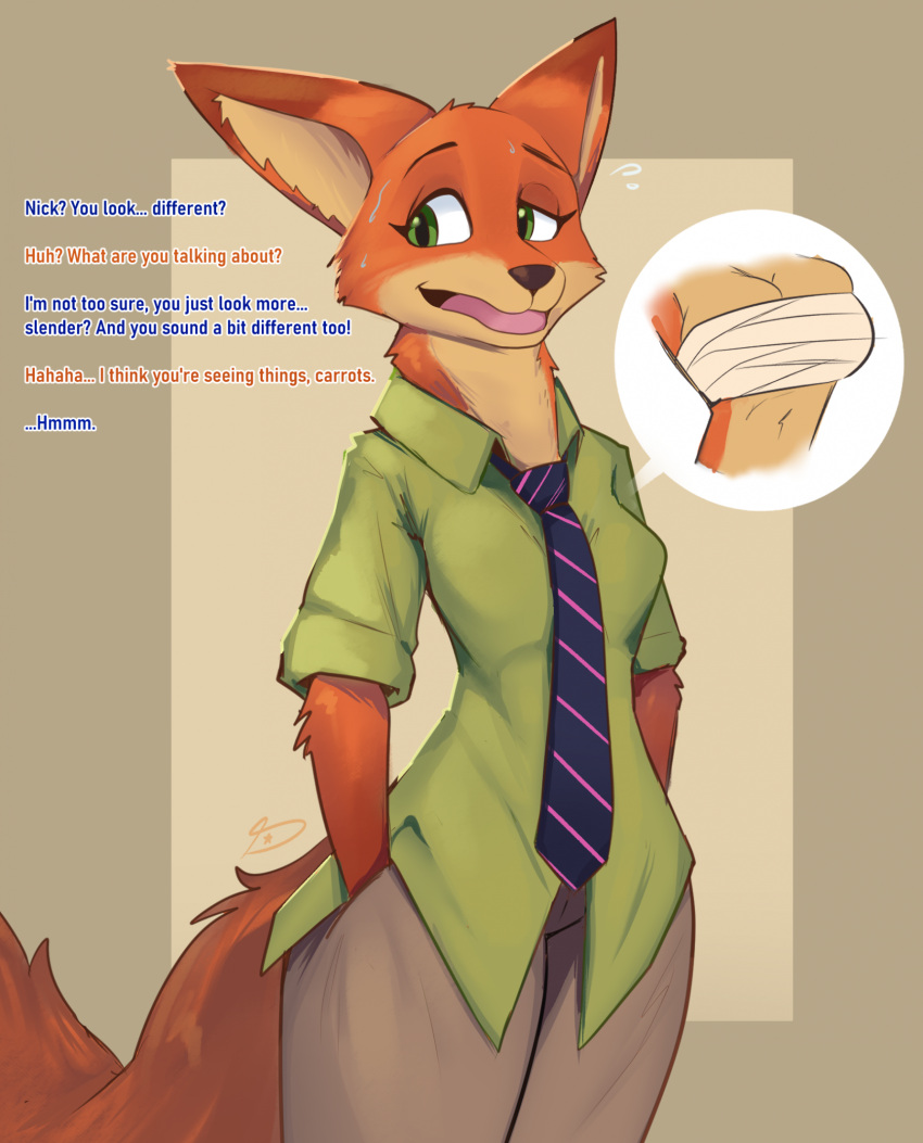 anthro bodily_fluids breast_growth breasts canid canine chest_wraps cleavage clothed clothing dialogue disney dreamerknight english_text female feminization fox fur gender_transformation green_eyes growth hand_in_pocket hi_res judy_hopps looking_back mammal mtf_transformation navel necktie nick_wilde offscreen_character open_mouth orange_body orange_fur pockets simple_background solo sweat tan_body tan_fur text thick_thighs transformation wraps zootopia