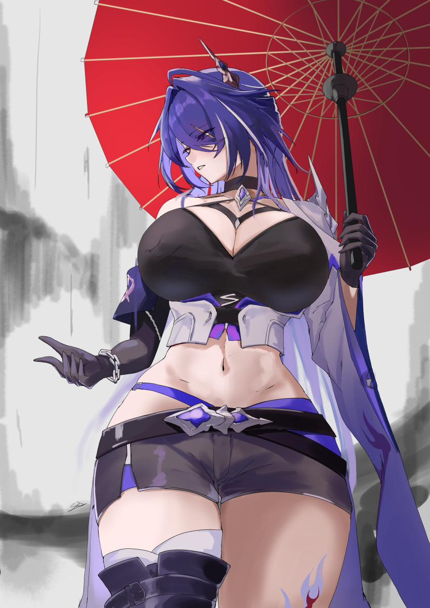 absurdres acheron_(honkai:_star_rail) asymmetrical_footwear belt black_bra black_footwear black_gloves black_shorts boots bra breasts cleavage coat commentary female gloves hair_ornament hair_over_one_eye highres honkai:_star_rail honkai_(series) kasumi_saika large_breasts long_hair long_sleeves midriff multicolored_hair navel oil-paper_umbrella parted_lips purple_eyes purple_hair rain shorts single_bare_shoulder solo streaked_hair thigh_boots thighs umbrella underwear white_coat wide_sleeves