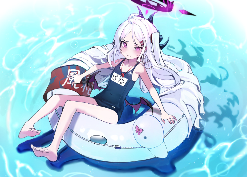 absurdres barefoot blue_archive blue_one-piece_swimsuit blush closed_mouth commentary_request demon_girl demon_horns demon_wings duck_innertube feet female full_body highres hina_(blue_archive) hina_(swimsuit)_(blue_archive) horns innertube long_hair looking_at_viewer low_wings mamo_(user_jjca7524) mini_wings multiple_horns name_tag official_alternate_costume old_school_swimsuit on_innertube one-piece_swimsuit purple_eyes school_swimsuit solo swim_ring swimsuit toes water whistle whistle_around_neck white_hair white_innertube wings