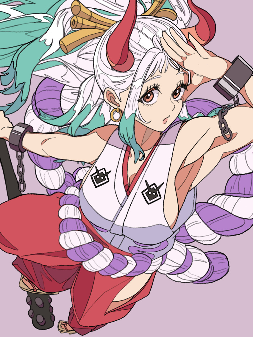 aqua_hair breasts commentary cuffs earrings female geta hair_ornament hakama handcuffs highres horns japanese_clothes jewelry kimono looking_at_viewer one_piece planted_club ponytail purple_background red_hakama red_horns rope shimenawa sideboob sidelocks simple_background sleeveless sleeveless_kimono solo tantan_0028 white_hair white_kimono yamato_(one_piece)