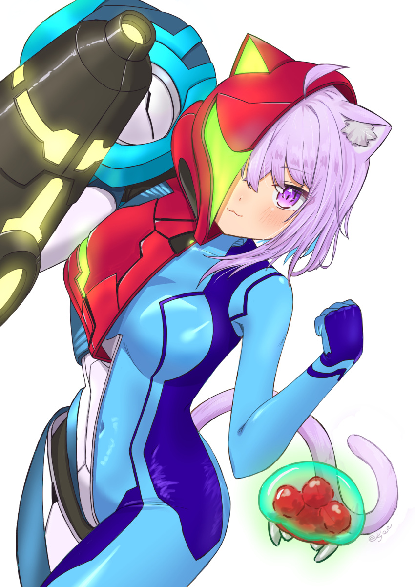 animal_ear_fluff animal_ears arm_cannon breasts cat_ears cat_girl cat_tail clenched_hand cosplay cowboy_shot crossover female helmet highres hololive kyo_se medium_breasts medium_hair metroid metroid_(creature) nekomata_okayu power_suit purple_eyes purple_hair red_helmet samus_aran samus_aran_(cosplay) simple_background solo_focus tail virtual_youtuber weapon white_background