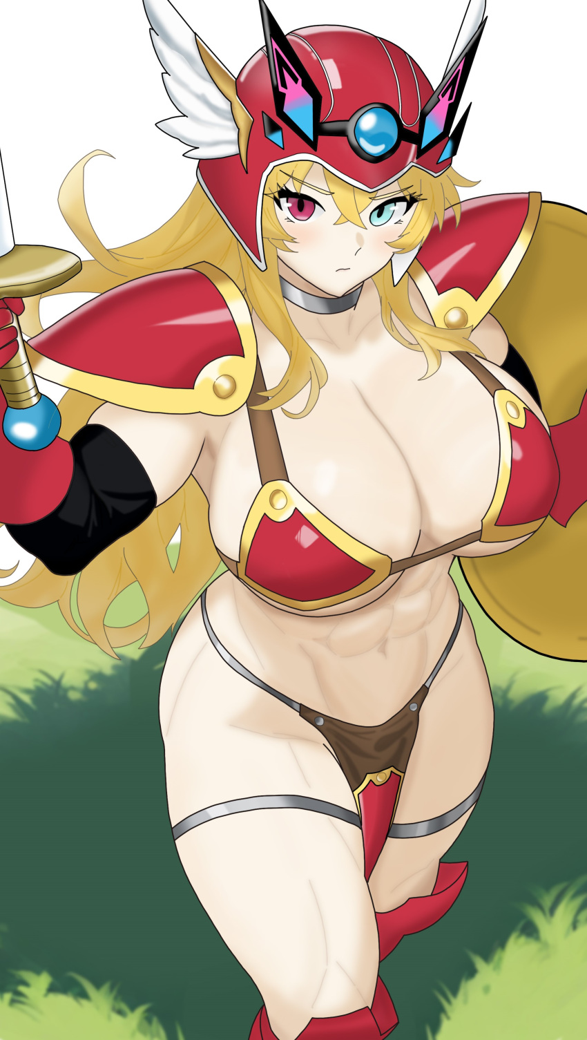 abs absurdres armor barghest_(fate) biceps bikini_armor blonde_hair blush breasts cleavage cosplay dragon_quest dragon_quest_iii fate/grand_order fate_(series) female green_eyes helmet heterochromia highres horns large_breasts long_hair looking_at_viewer muscular muscular_female navel red_armor red_eyes shield soldier_(dq3) soldier_(dq3)_(cosplay) solo sword thick_thighs thighs tucv5345 weapon winged_helmet