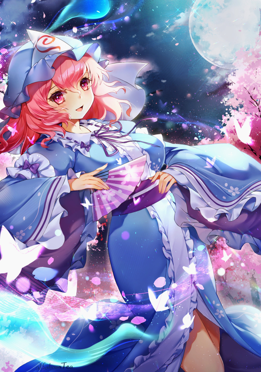 blue_hat blue_kimono bug butterfly cherry_blossoms female folding_fan frilled_kimono frills ghost hand_fan hat highres hitodama holding holding_fan japanese_clothes kimono mob_cap moon pink_eyes pink_hair saigyouji_yuyuko salmontea short_hair solo touhou