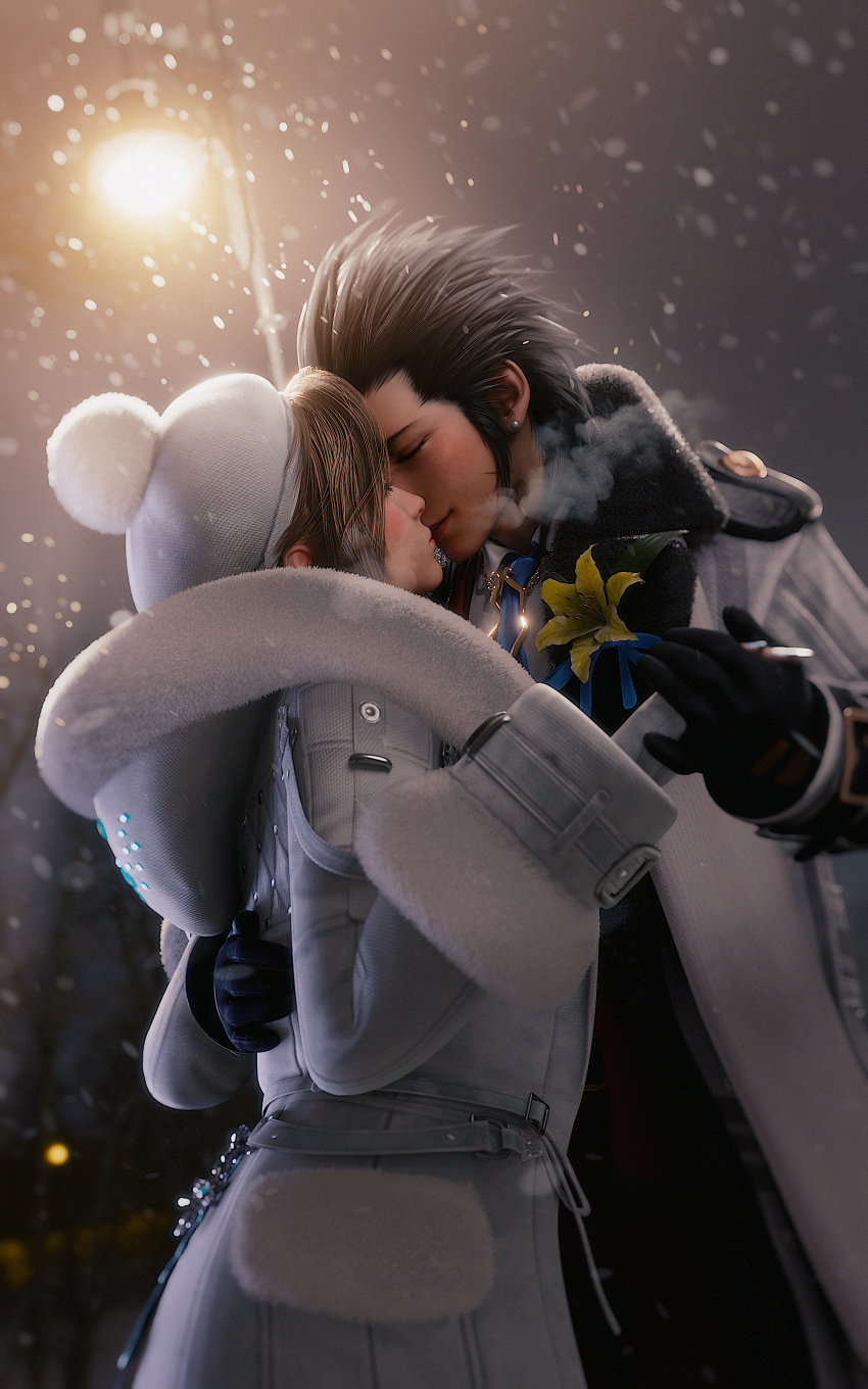 1boy 1girls 2024 3d aerith_gainsborough beret black_hair blender blue_ribbon blush breath_cloud brown_hair canon_couple closed_eyes couple embrace evening female final_fantasy final_fantasy_vii final_fantasy_vii_rebirth final_fantasy_vii_remake flower fully_clothed gloves highres holding_hand hug kissing lamppost light_smile love male male/female necktie night ria-neearts romantic romantic_couple scar snow snowflakes square_enix straight stud_earrings taller_male white_clothing wholesome winter winter_clothes yellow_flower zack_fair