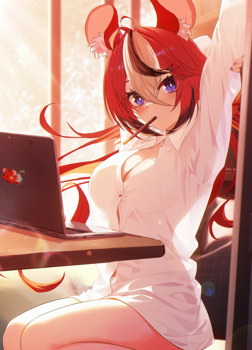 absurdres animal_ear_fluff animal_ears arms_up black_hair blue_eyes breasts cleavage computer female food food_in_mouth hair_between_eyes hakos_baelz highres hololive hololive_english jiang_ye_kiri kneehighs laptop lens_flare looking_at_viewer medium_breasts mouse_ears mr._squeaks_(hakos_baelz) multicolored_hair nail_polish naked_shirt pink_nails pocky pocky_in_mouth red_hair shirt socks solo streaked_hair table unbuttoned unbuttoned_shirt white_hair white_shirt wind