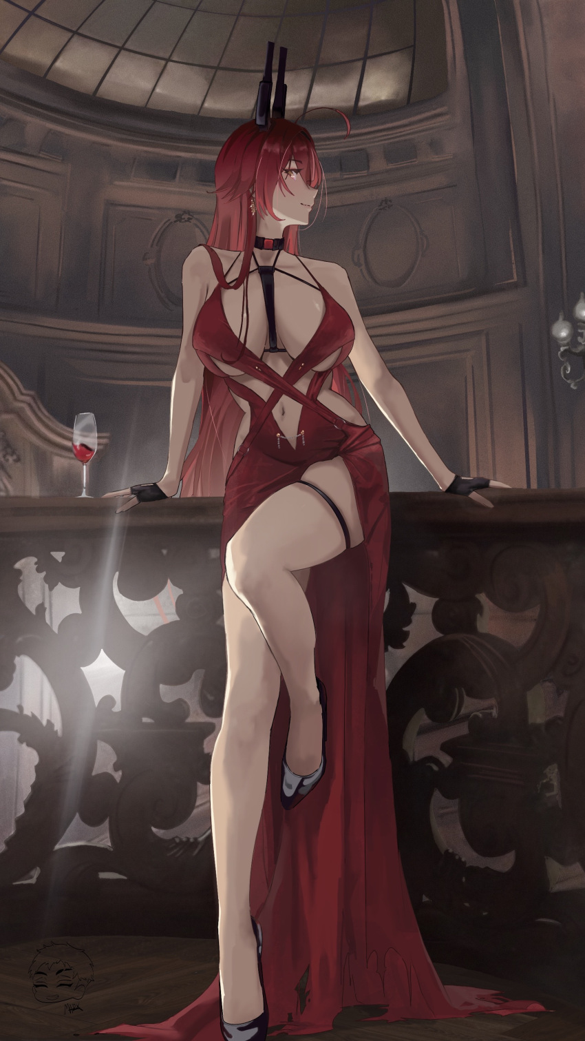 absurdres alcohol arm_support balcony between_breasts black_gloves breasts choker cleavage clothing_cutout cup danny_marx dress drinking_glass earrings evening_gown female fingerless_gloves gloves goddess_(nikke) goddess_of_victory:_nikke hair_between_eyes high_heels highres horns jewelry large_breasts long_hair looking_at_viewer mechanical_horns navel official_alternate_costume red_dress red_hair red_hood_(nikke) red_hood_(nonsense_red)_(nikke) red_wine smile solo spaghetti_strap strap_between_breasts thigh_strap wine wine_glass yellow_eyes