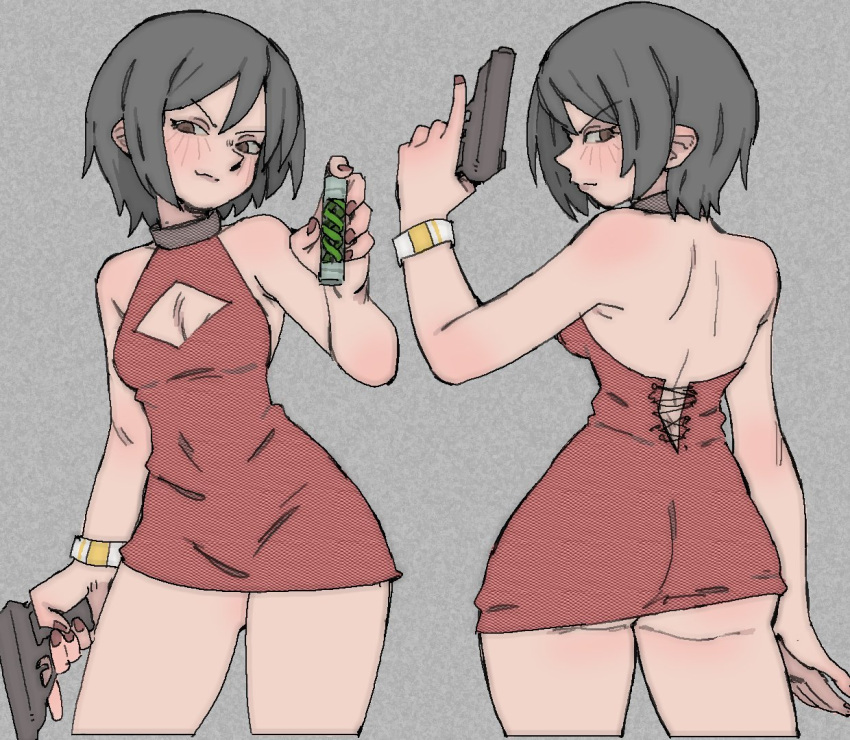 ada_wong alternate_costume ass ass_visible_through_thighs black_hair bracelet breasts brown_eyes cleavage cleavage_cutout clothing_cutout contrapposto dress female gun handgun holding holding_gun holding_weapon jewelry medium_breasts microdress pantsu-ripper resident_evil resident_evil_4 short_hair smile trigger_discipline weapon