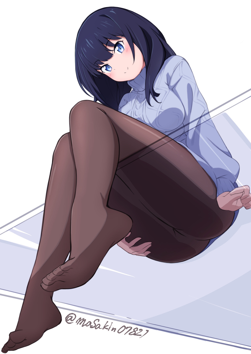 absurdres against_glass ass ass_on_glass ass_press black_hair black_pantyhose blue_eyes blush breasts cameltoe closed_mouth commentary female from_below gridman_universe gridman_universe_(film) highres long_hair long_sleeves looking_at_viewer looking_down masakin official_alternate_costume pantyhose sitting smile solo sweater takarada_rikka thighs turtleneck turtleneck_sweater twitter_username