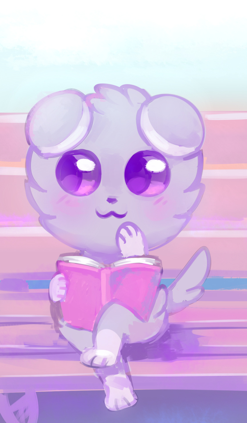 2017 ambiguous_gender anthro bench biped black_nose blush book cat_smile closed_smile digital_media_(artwork) espurr flavia-elric fluffy fluffy_tail fur generation_6_pokemon genitals grey_body grey_fur hi_res holding_book holding_object looking_aside mouth_closed nintendo on_bench paws pokemon pokemon_(species) pupils pussy sitting sitting_on_bench smile solo tail