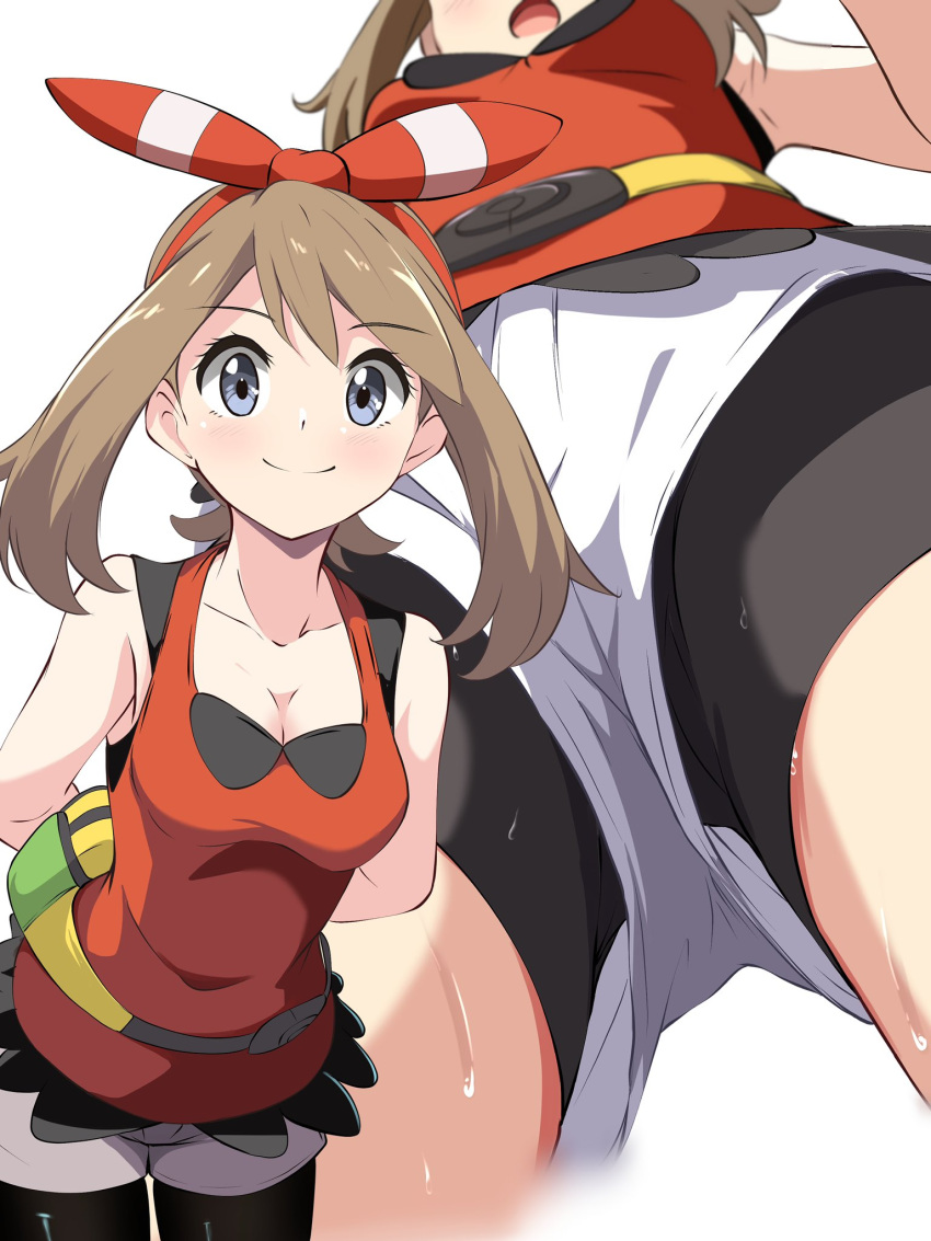 bare_shoulders bike_shorts black_shorts blue_eyes borgbutler breasts brown_hair cowboy_shot female hairband highres may_(pokemon) medium_breasts medium_hair multiple_views pokemon pokemon_oras red_hairband red_shirt shirt short_shorts shorts simple_background smile white_background white_shorts