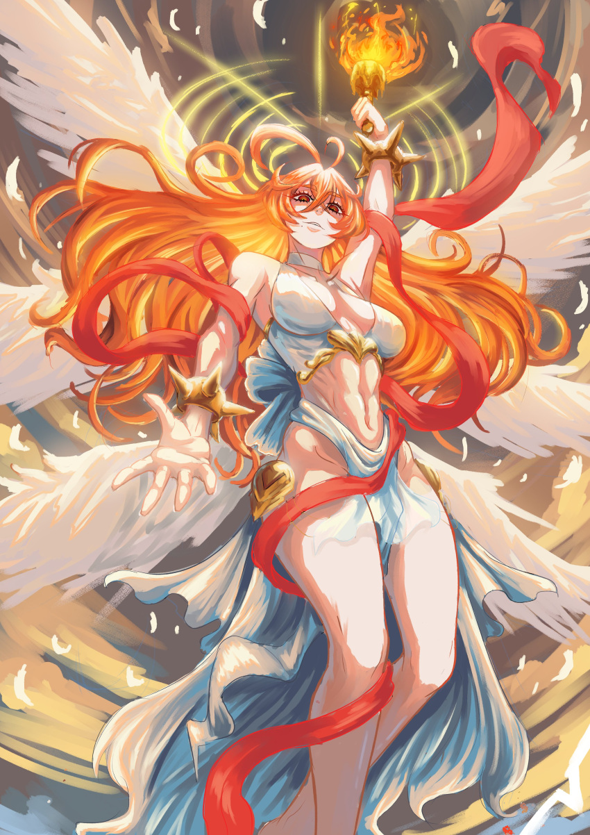 6_wings absurd_res angel angel_humanoid bracelet breasts clothing female fire hair hi_res holding_object holding_torch humanoid jewelry looking_at_viewer medium_breasts midriff multi_wing orange_eyes orange_hair seraph_(angel) solo spiked_bracelet spikes torch vlizz white_clothing wings