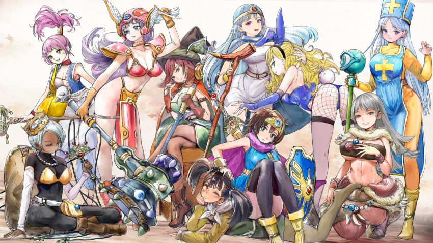 6+girls armor ass bent_over bikini_armor cape crown dragon_quest dragon_quest_iii fighter_(dq3) fishnet_pantyhose fishnets habit hammer hat heroine_(dq3) highres holding holding_hammer hug jester_(dq3) looking_at_viewer mage_(dq3) mage_staff merchant_(dq3) monster_wrangler_(dq3) multiple_girls pantyhose playboy_bunny priest_(dq3) sage_(dq3) sitting sitting_on_person smile soldier_(dq3) sword thief_(dq3) tiara vest weapon whip witch_hat zi-dabu