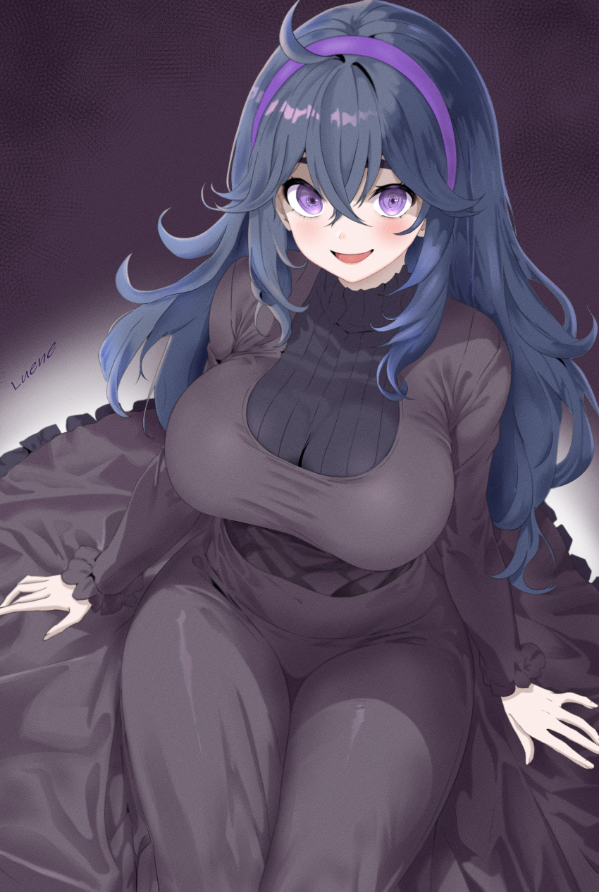 absurdres ahoge arm_support artist_name black_dress black_hair blush breasts commentary_request crossed_bangs dress english_commentary female frilled_dress frills gradient_background hair_between_eyes hairband hex_maniac_(pokemon) highres korean_commentary large_breasts legs_together long_dress long_hair long_sleeves looking_at_viewer luene mixed-language_commentary open_mouth pokemon pokemon_xy purple_eyes purple_hairband sitting smile solo taut_clothes taut_dress tongue very_long_hair