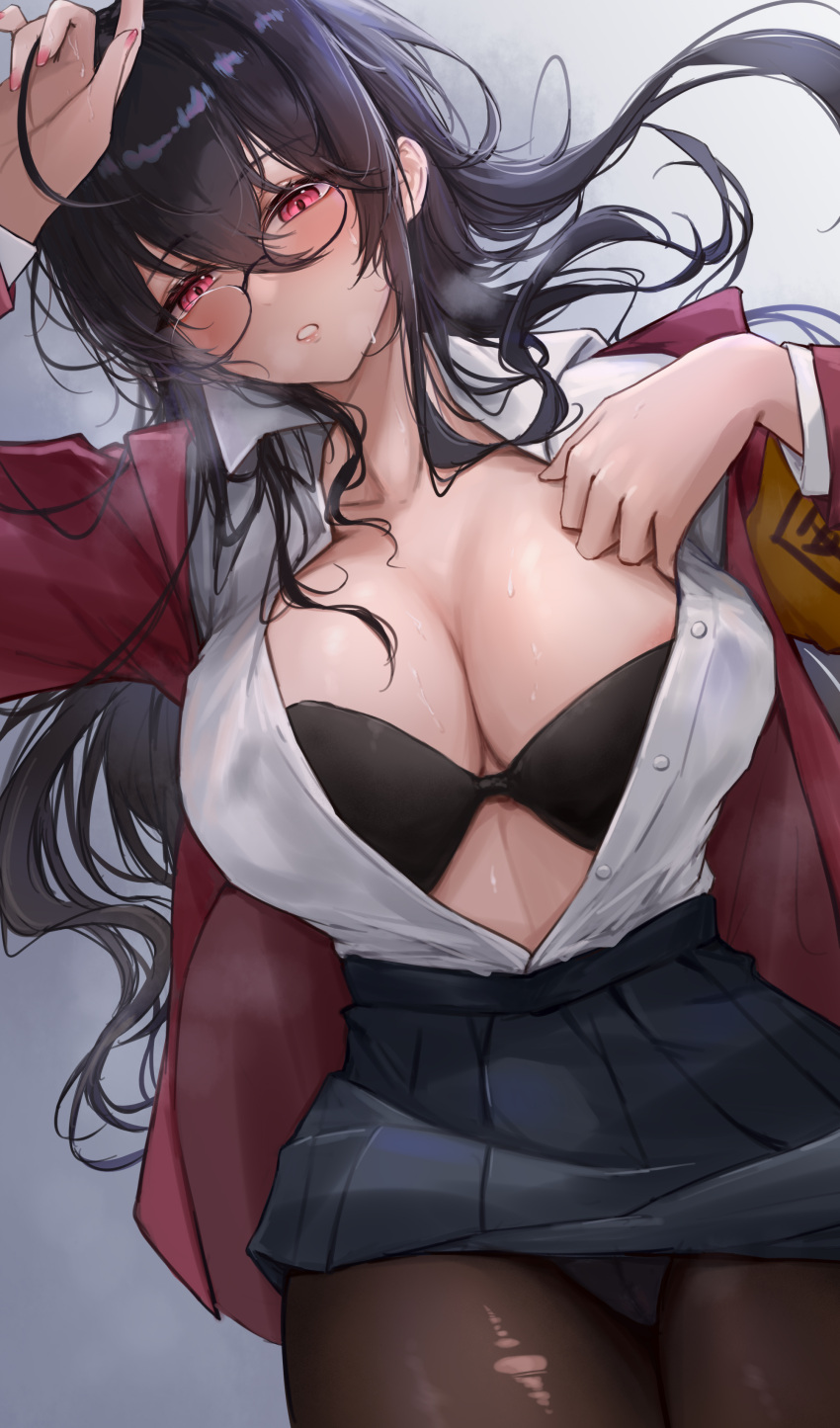 absurdres azur_lane black_bra black_hair black_pantyhose black_skirt blush bra breasts cleavage e.c.ho female glasses hair_between_eyes highres jacket large_breasts long_sleeves looking_at_viewer lying official_alternate_costume on_back pantyhose parted_lips pleated_skirt red_eyes red_jacket school_uniform shirt shirt_tucked_in skirt solo sweat taihou_(azur_lane) taihou_(sweet_time_after_school)_(azur_lane) torn_clothes torn_pantyhose underwear white_shirt