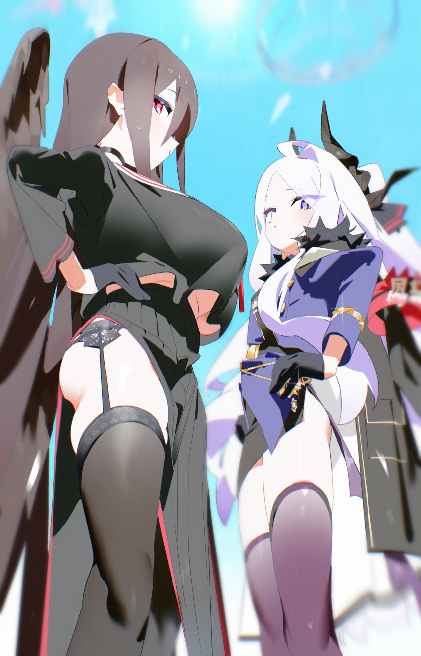 2girls absurdres ass black_garter_straps black_gloves black_hair black_shirt black_skirt black_thighhighs black_wings blue_archive bm_tol breasts closed_mouth commentary_request crop_top crop_top_overhang flat_chest from_side garter_straps gloves half_gloves hands_on_own_hips hasumi_(blue_archive) highres hina_(blue_archive) large_breasts large_wings long_hair long_skirt long_sleeves looking_at_viewer low_wings miniskirt multiple_girls pencil_skirt pleated_skirt purple_eyes purple_thighhighs red_eyes shirt side_slit skirt thighhighs underboob white_hair wings