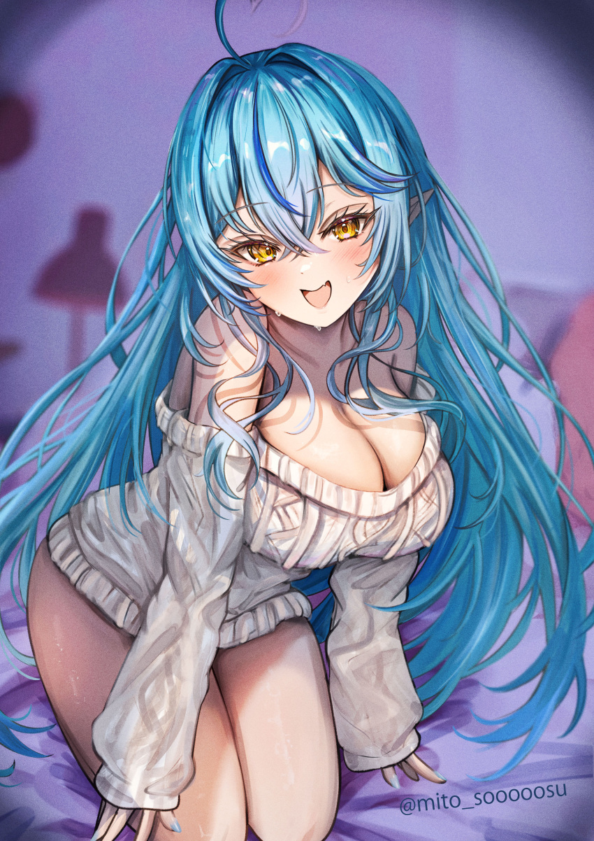 absurdres ahoge alternate_costume blue_hair blue_nails blush breasts cleavage female grey_sweater heart heart_ahoge highres hololive lamppost large_breasts long_hair looking_at_viewer mito_soosu multicolored_hair nail_polish open_mouth pointy_ears smile solo streaked_hair sweater very_long_hair virtual_youtuber yellow_eyes yukihana_lamy