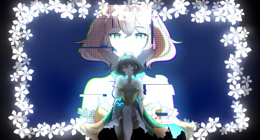 absurdres brown_hair dress female final_fantasy final_fantasy_xiv flower glowing glowing_eyes head_tilt highres holographic_monitor hyur looking_at_viewer mmomentliveart short_hair sitting solo sphene_(ff14) spoilers tiara