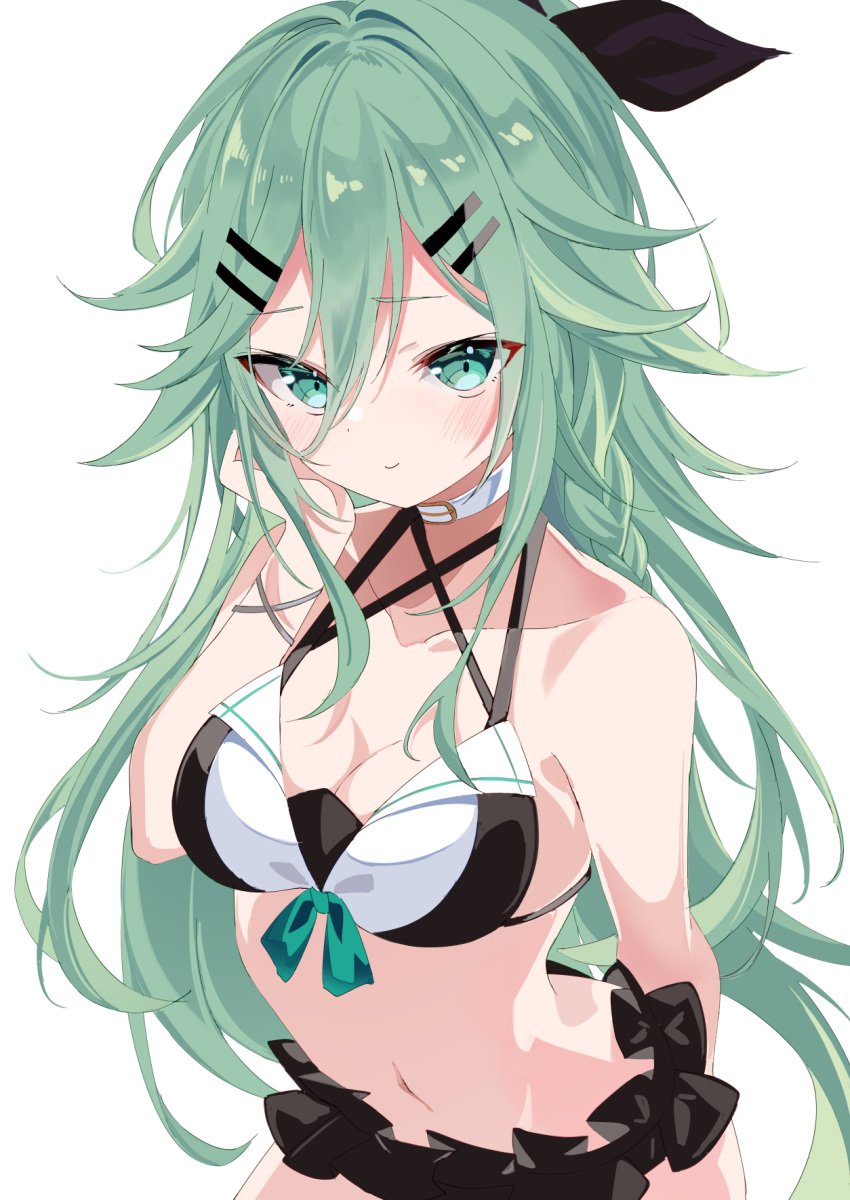 adapted_costume arms_behind_back bikini black_bikini black_ribbon breasts choker cowboy_shot fathom female frilled_bikini_bottom green_eyes green_hair hair_flaps hair_ornament hairclip highres kantai_collection long_hair medium_breasts navel ribbon simple_background solo swimsuit white_background white_choker yamakaze_(kancolle) yamakaze_(swimsuit_mode)_(kancolle)