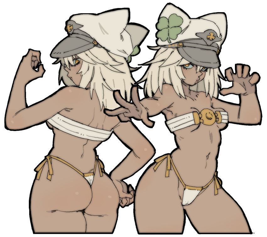 ass bikini blonde_hair breasts cameltoe clover clover_hat_ornament dark-skinned_female dark_skin dress female four-leaf_clover guilty_gear hat highres medium_hair orange_eyes pantsu-ripper puckered_lips ramlethal_valentine side-tie_bikini_bottom small_breasts strapless strapless_dress swimsuit thighs white_hat