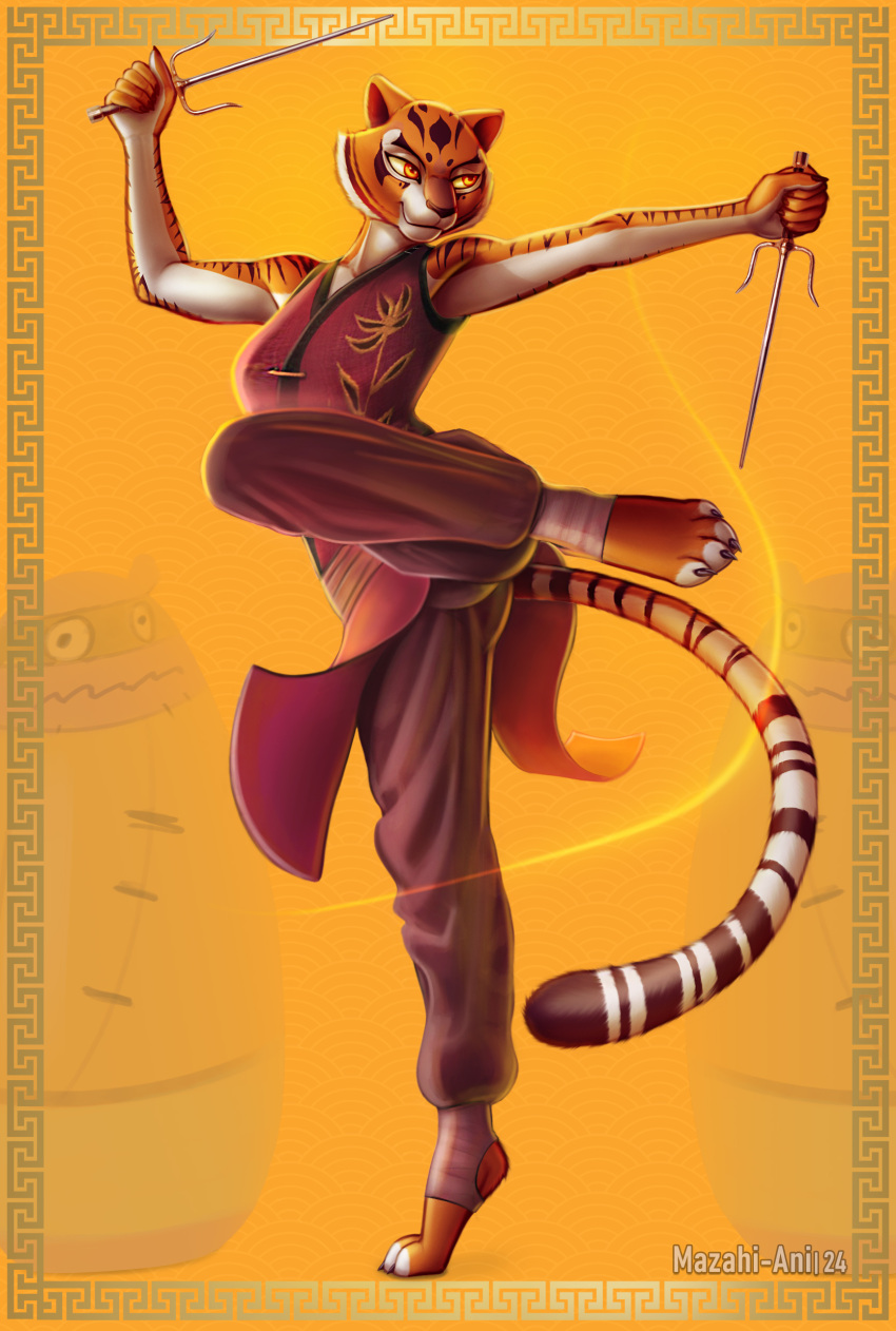 2024 absurd_res anthro clothing dreamworks felid female fur hi_res kung_fu_panda mammal master_tigress mazahi-ani melee_weapon orange_body pantherine sai_(weapon) solo tail tiger weapon