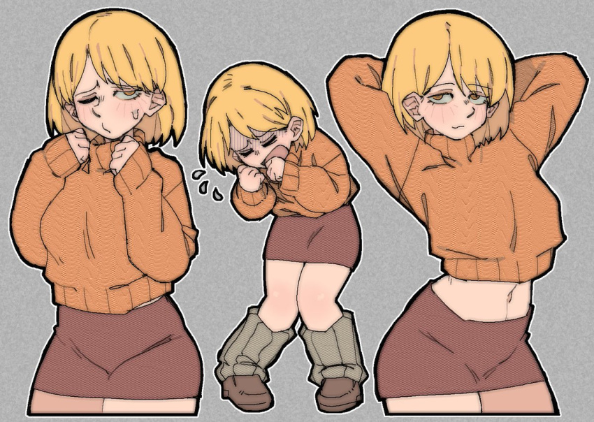 alternate_costume arms_behind_back ashley_graham blonde_hair brown_footwear female flying_sweatdrops loose_socks medium_hair miniskirt one_eye_closed open_mouth orange_eyes orange_sweater pantsu-ripper pencil_skirt resident_evil resident_evil_4 resident_evil_4_(remake) shoes skirt socks sweatdrop sweater taut_clothes taut_skirt turtleneck turtleneck_sweater