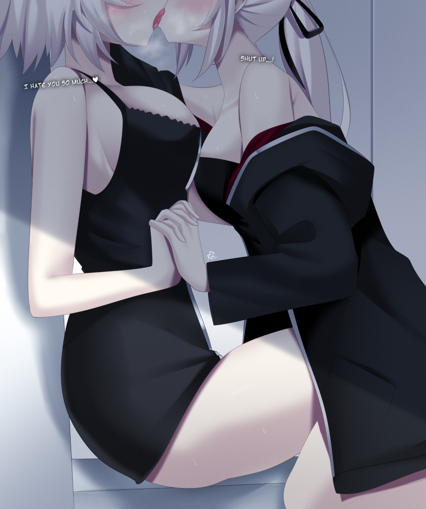 absurdres alternate_costume artoria_pendragon_(fate) bare_shoulders black_dress black_jacket black_ribbon blonde_hair blush breasts dress english_text fate/grand_order fate_(series) french_kiss hair_ribbon head_out_of_frame heart highres holding_hands jacket jeanne_d'arc_alter_(avenger)_(fate) jeanne_d'arc_alter_(fate) jeanne_d'arc_alter_(ver._shinjuku_1999)_(fate) kissing large_breasts medium_breasts official_alternate_costume open_clothes open_jacket pale_skin ponytail rey_r31_44 ribbon saber_alter saber_alter_(ver._shinjuku_1999)_(fate) short_hair sleeveless thighs yuri