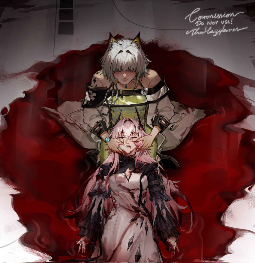 2girls animal_ear_fluff animal_ears arknights blood blood_from_mouth blood_on_clothes cat_ears cat_girl closed_eyes commentary commission crying death dress english_commentary green_dress green_hair hair_between_eyes hair_intakes highres horns jewelry kal'tsit_(arknights) long_hair long_sleeves material_growth multiple_girls multiple_rings off-shoulder_dress off_shoulder open_mouth oripathy_lesion_(arknights) pink_hair pool_of_blood ring short_hair spoilers stethoscope thatlazybones yuri