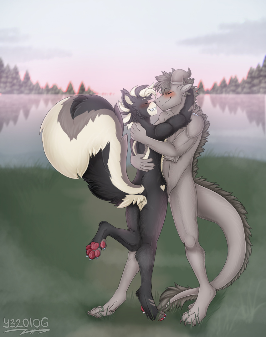 anthro cloud dragon duo grass hi_res horn hug joe_(keithzack) kaden_(luniethewolf66) lake love male male/male mammal mephitid mythological_creature mythological_scalie mythology nude pawpads plant raised_leg scalie skunk skunk_tail sky slim tail thick_tail y32010g