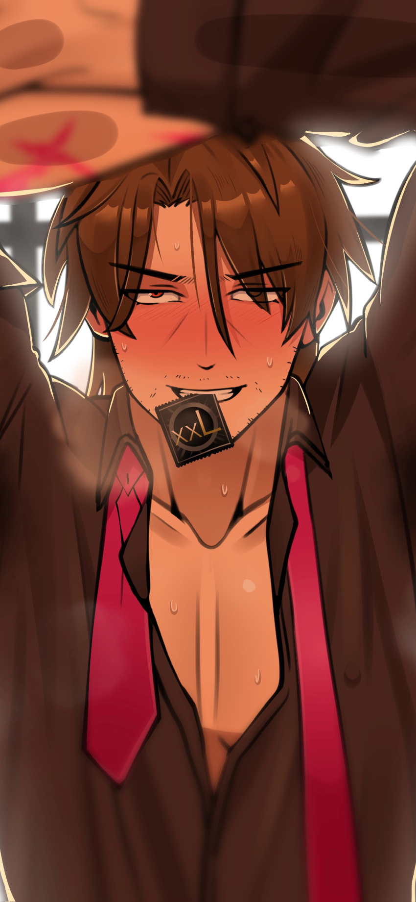 1boy absurdres arms_up beard_stubble blush brown_hair brown_shirt collarbone commentary_request condom condom_in_mouth cross_scar facial_hair gallagher_(honkai:_star_rail) highres honkai:_star_rail honkai_(series) looking_at_viewer male_focus mouth_hold mustache_stubble necktie noisezzz_(user_vwms5743) partially_unbuttoned pectoral_cleavage pectorals red_eyes red_necktie scar scar_on_arm shirt stubble sweatdrop undone_necktie