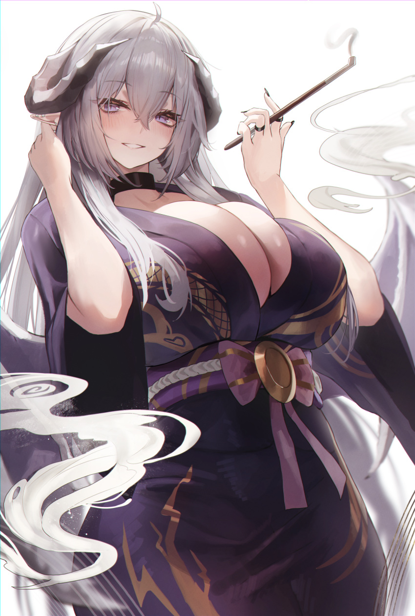 absurdres black_choker black_horns black_kimono blush breasts choker cleavage commentary curled_horns demon_horns dotthebot female grey_hair grey_horns hair_between_eyes hands_up highres holding holding_smoking_pipe horns huge_breasts japanese_clothes kimono long_hair long_sleeves looking_at_viewer multicolored_horns obi original purple_eyes sash simple_background skindentation slit_pupils smile smoke smoking_pipe solo two-tone_horns white_background wide_sleeves