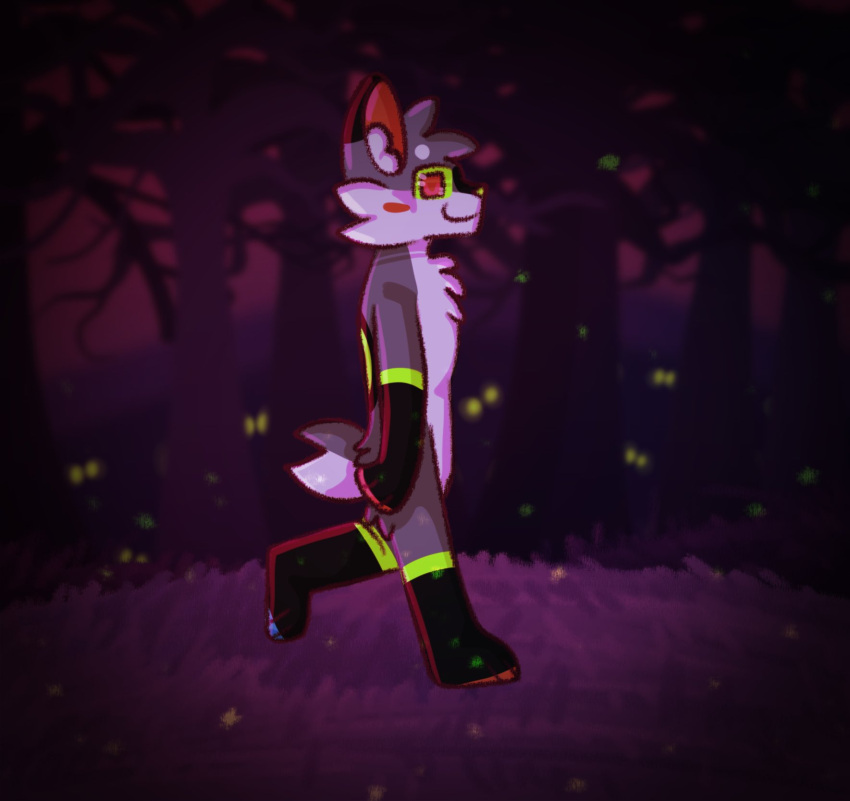 ambiguous_gender anthro arthropod beetle canid canine elateroid eyes_in_darkness firefly forest forest_background fox glowing glowing_eyes heterochromatic_pawpads hi_res insects mammal nature nature_background notailfox plant shaded solo tree walking