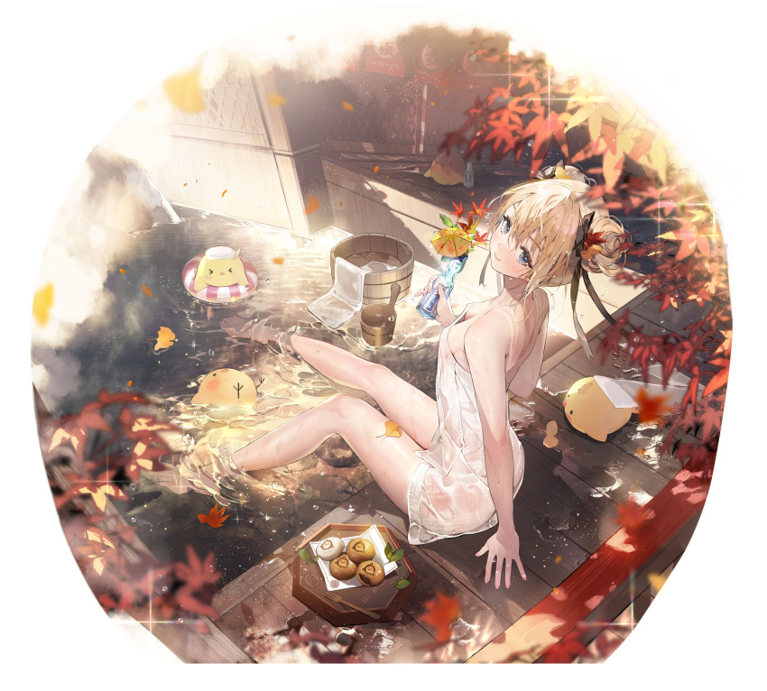 absurdres afloat_leaves artist_request azur_lane baozi bare_arms bare_legs bare_shoulders barefoot black_ribbon blonde_hair blue_eyes bottle bucket dead_or_alive dead_or_alive_5 double_bun dress feet female food hair_bun highres holding holding_bottle innertube leaf legs looking_at_viewer manjuu_(azur_lane) marie_rose marie_rose_(steamy_venus) naked_towel official_alternate_costume official_art onsen ramune ribbon sitting soaking_feet swim_ring tan tanlines toenails toes towel water wet wet_towel wooden_bucket wooden_floor