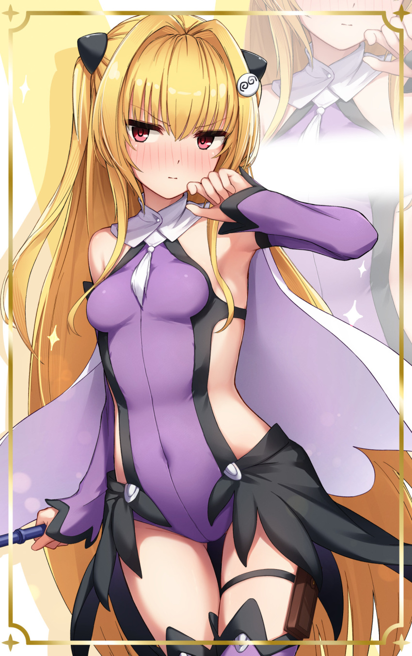 arm_at_side armpits ass_visible_through_thighs bare_shoulders blonde_hair blush border breasts card_holster commentary commission cosplay cowboy_shot detached_sleeves drop_shadow english_commentary fate/kaleid_liner_prisma_illya fate_(series) female hair_intakes hair_ornament hand_up highres holding konjiki_no_yami leotard long_hair looking_at_viewer magical_girl miyu_edelfelt miyu_edelfelt_(magical_girl) miyu_edelfelt_(magical_girl)_(cosplay) nakata_(nkt_vvd) nose_blush outside_border purple_leotard purple_sleeves purple_thighhighs red_eyes skeb_commission small_breasts solo thighhighs to_love-ru two_side_up very_long_hair zoom_layer